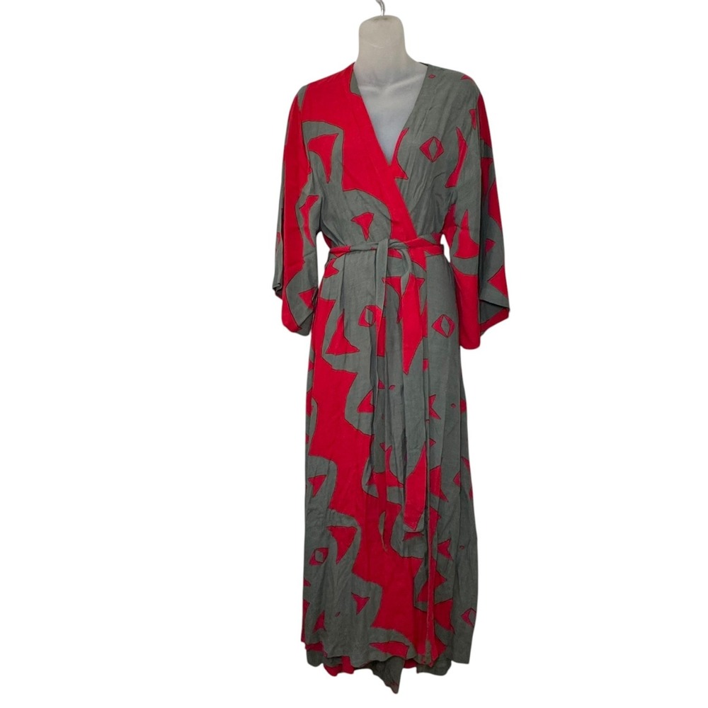 Bel Kazan Bali Wrap Kimono Dress Red Gray Abstract Print S/M Anthropologie - Picture 2 of 9